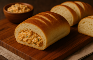 Pão recheado com frango cremoso.